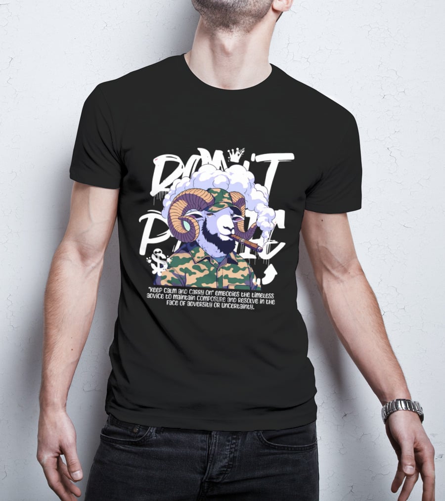 Don't Panic Keep Calm And Carry On Ram With Camo And Cigar T-Shirt