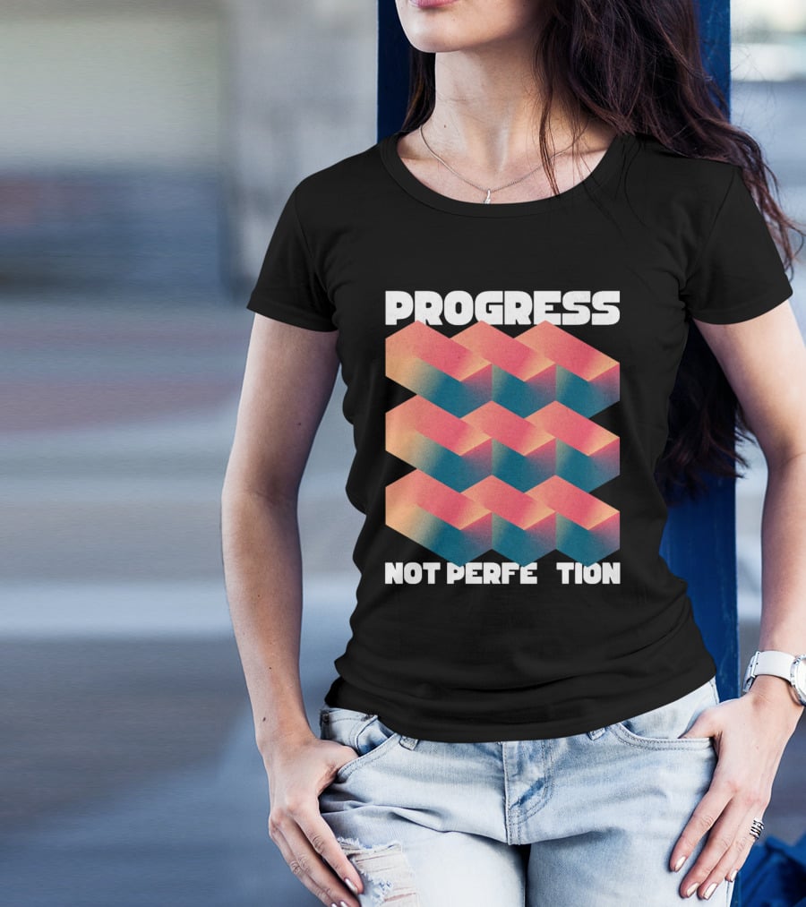 PROGRESS NOT PERFECTION Geometric Illusion 3D Blocks T-Shirt
