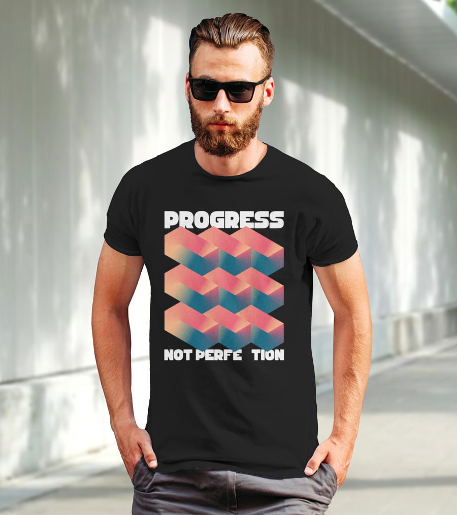 PROGRESS NOT PERFECTION Geometric Illusion 3D Blocks T-Shirt