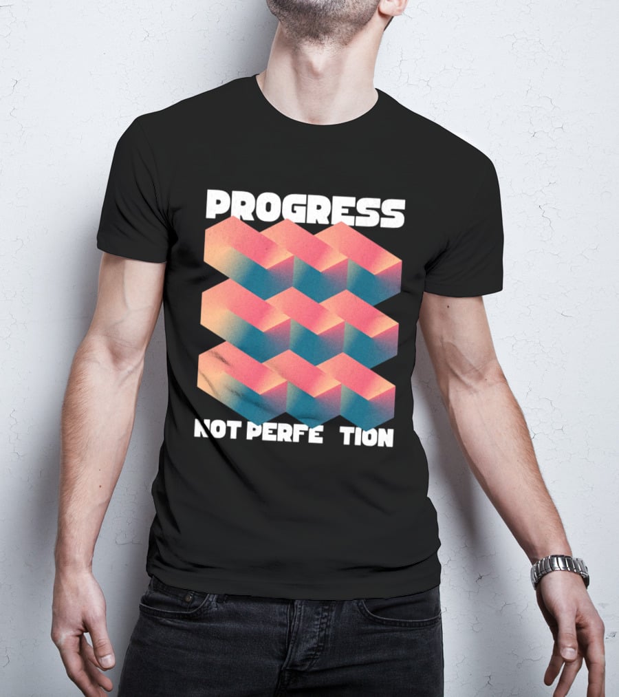 PROGRESS NOT PERFECTION Geometric Illusion 3D Blocks T-Shirt