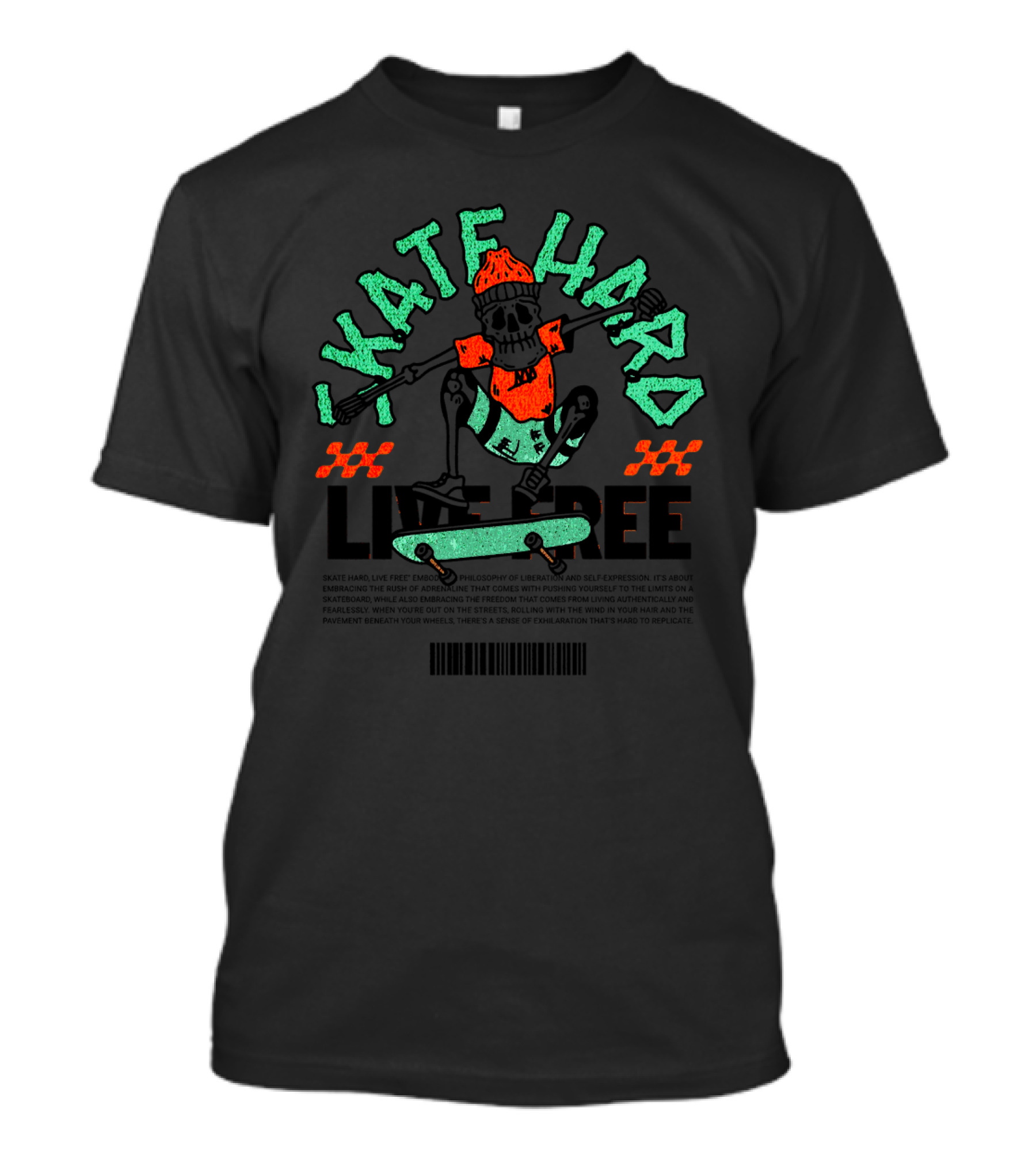 SKATE HARD LIVE FREE Skull Skateboard T-Shirt