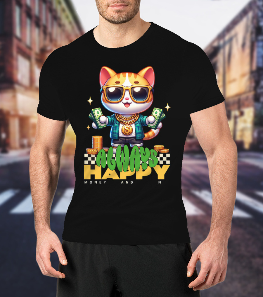 Always Happy Money And Fun Cool Cat With Sunglasses And Cash T-Shirt