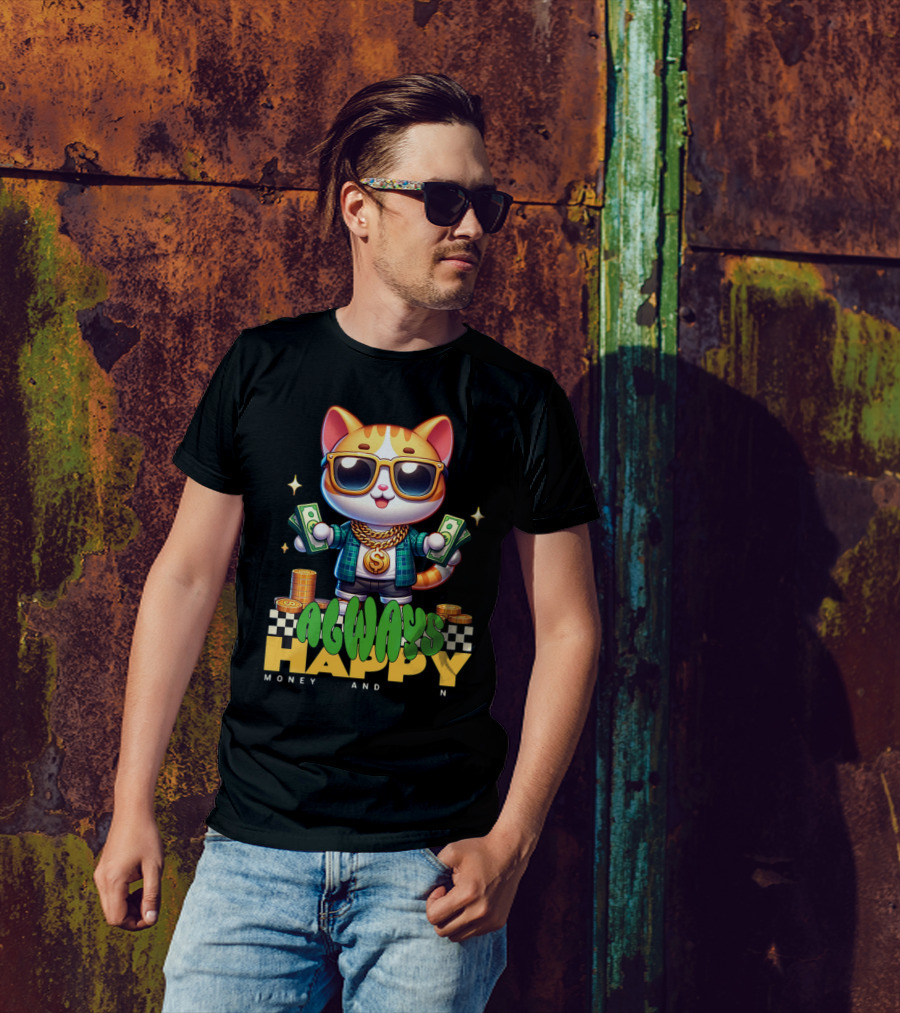 Always Happy Money And Fun Cool Cat With Sunglasses And Cash T-Shirt