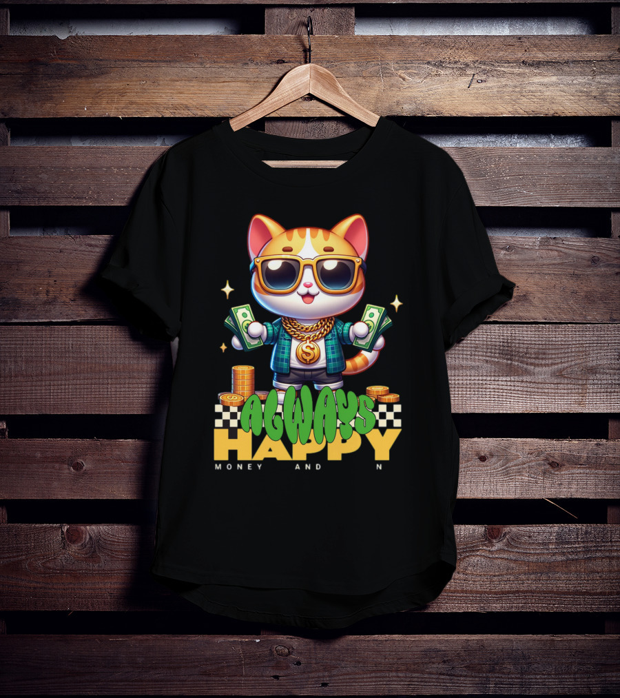 Always Happy Money And Fun Cool Cat With Sunglasses And Cash T-Shirt
