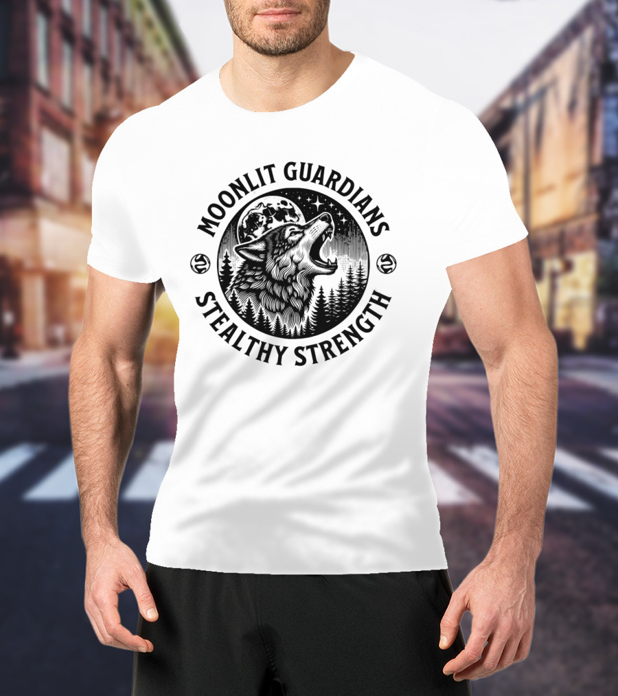 Moonlit Guardians Stealthy Strength Wolf Under Moon And Stars T-Shirt