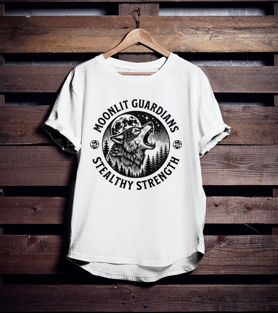 Moonlit Guardians Stealthy Strength Wolf Under Moon And Stars T-Shirt