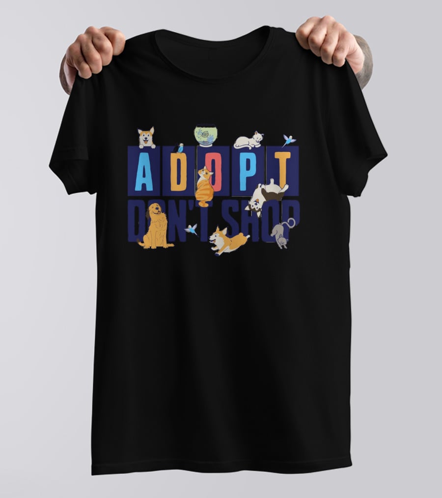 Adopt Don't Shop Cute Animal Design With Cats, Dogs, Fish, And Birds T-Shirt