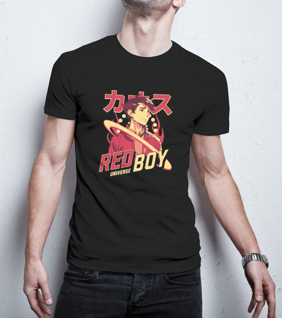 Red Boy Universe Anime Style Japanese Text Planet Ring T-Shirt