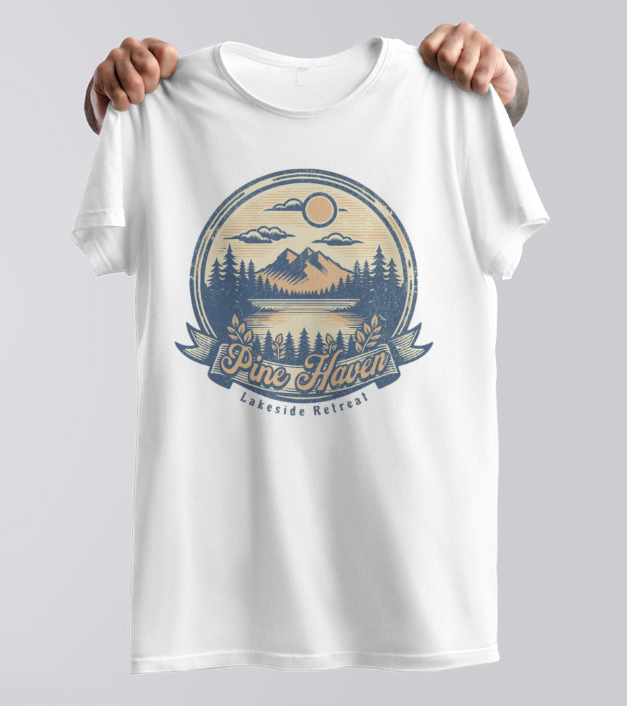 Pine Haven Lakeside Retreat Scenic Mountain Forest Vintage Emblem T-Shirt