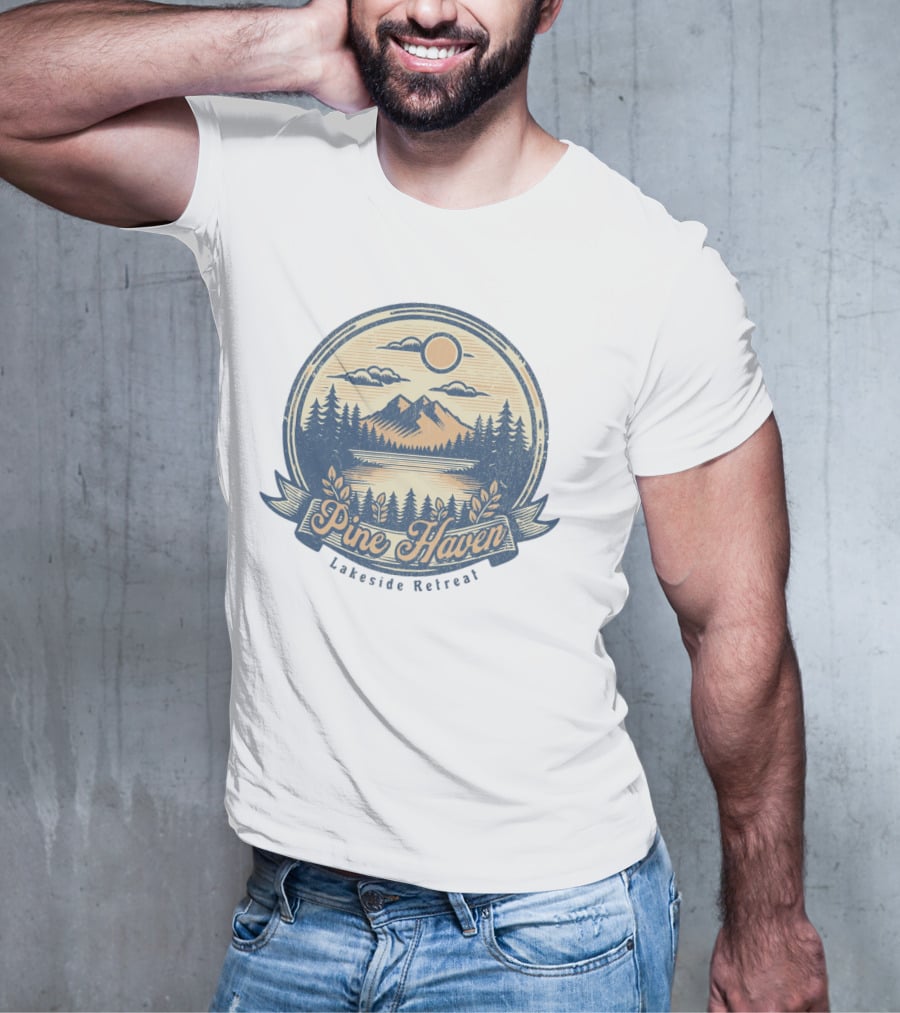Pine Haven Lakeside Retreat Scenic Mountain Forest Vintage Emblem T-Shirt