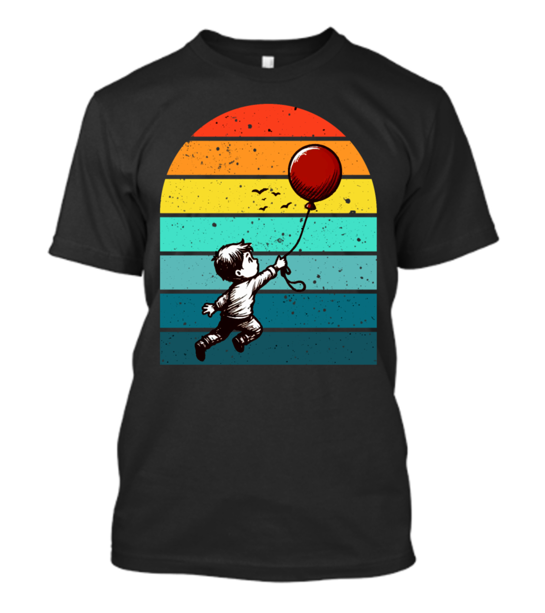 Boy Holding Red Balloon Retro Vintage Rainbow Stripes T-Shirt