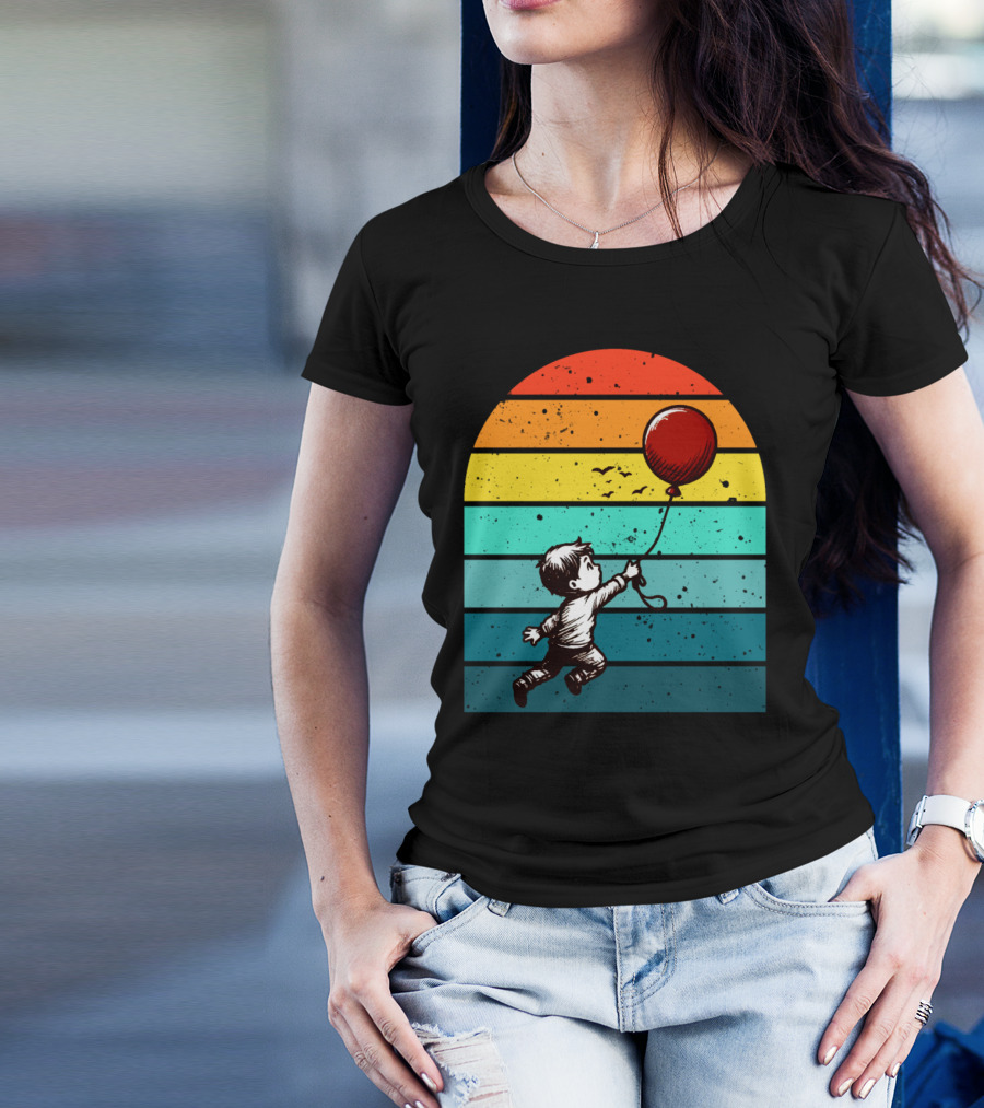 Boy Holding Red Balloon Retro Vintage Rainbow Stripes T-Shirt
