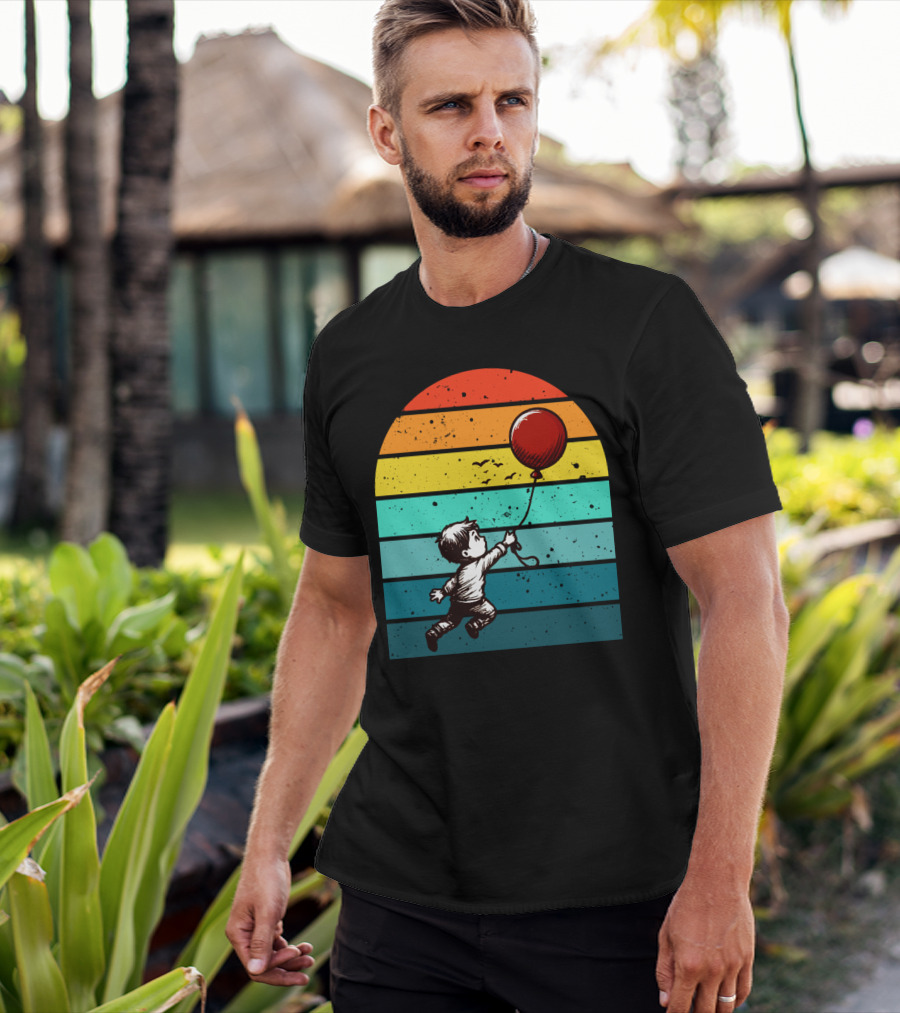 Boy Holding Red Balloon Retro Vintage Rainbow Stripes T-Shirt