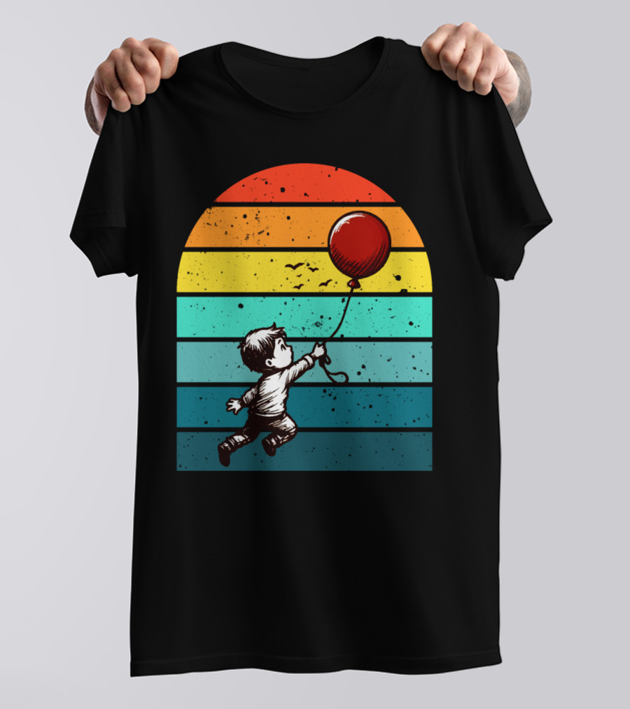 Boy Holding Red Balloon Retro Vintage Rainbow Stripes T-Shirt