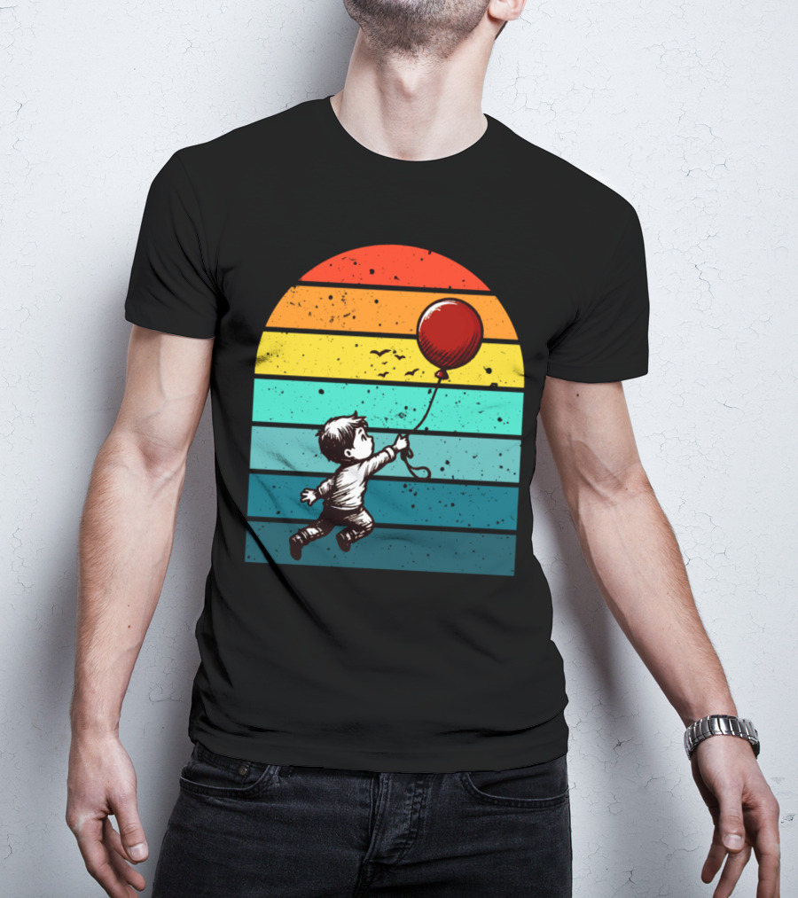 Boy Holding Red Balloon Retro Vintage Rainbow Stripes T-Shirt