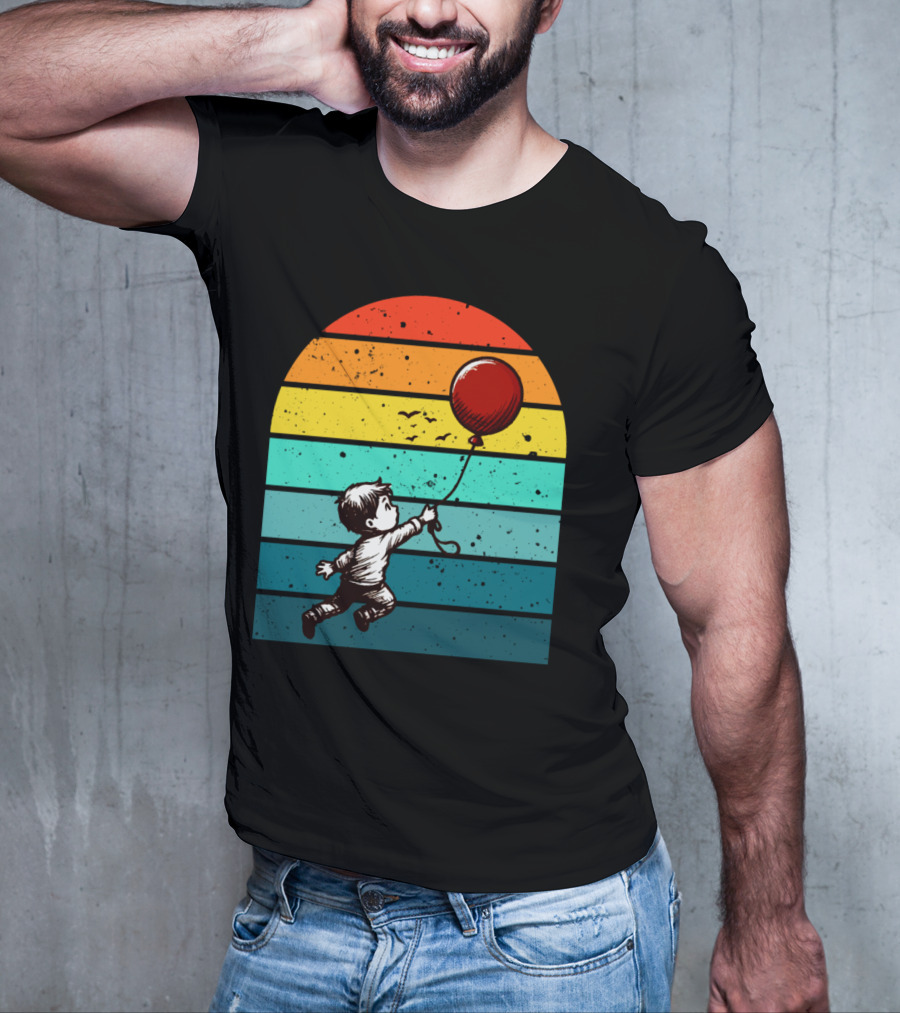 Boy Holding Red Balloon Retro Vintage Rainbow Stripes T-Shirt