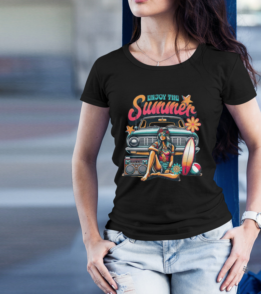 Enjoy The Summer Hippie Girl Surf Van Beach Vibes Vintage Boombox T-Shirt