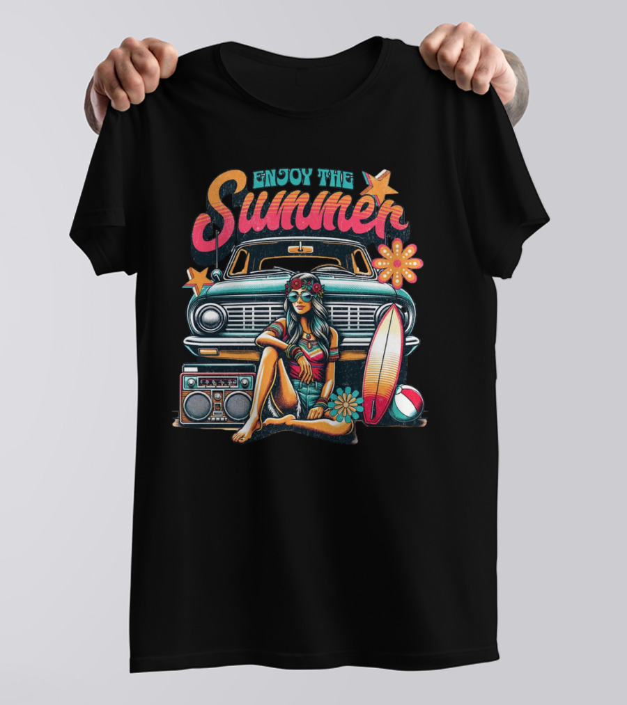 Enjoy The Summer Hippie Girl Surf Van Beach Vibes Vintage Boombox T-Shirt