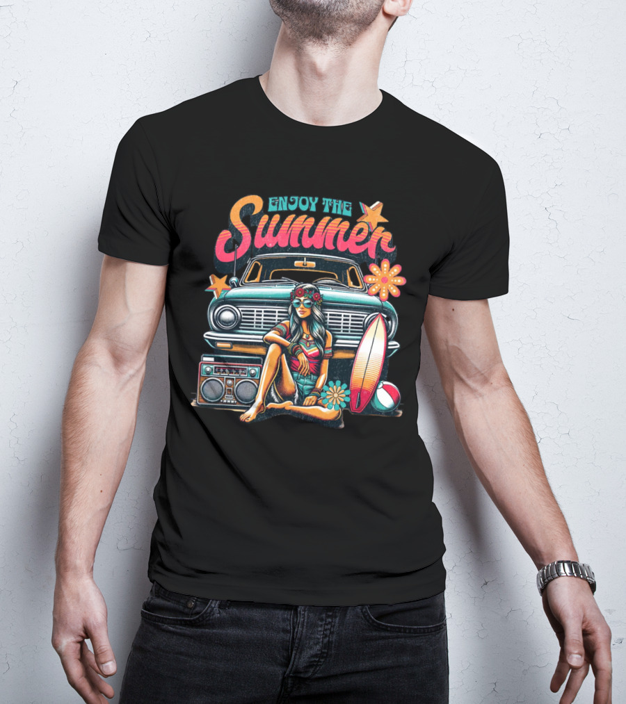Enjoy The Summer Hippie Girl Surf Van Beach Vibes Vintage Boombox T-Shirt