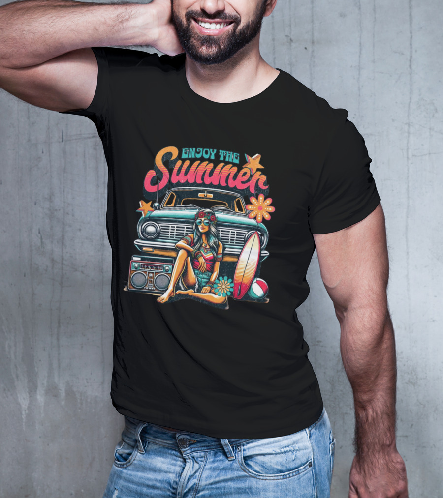 Enjoy The Summer Hippie Girl Surf Van Beach Vibes Vintage Boombox T-Shirt