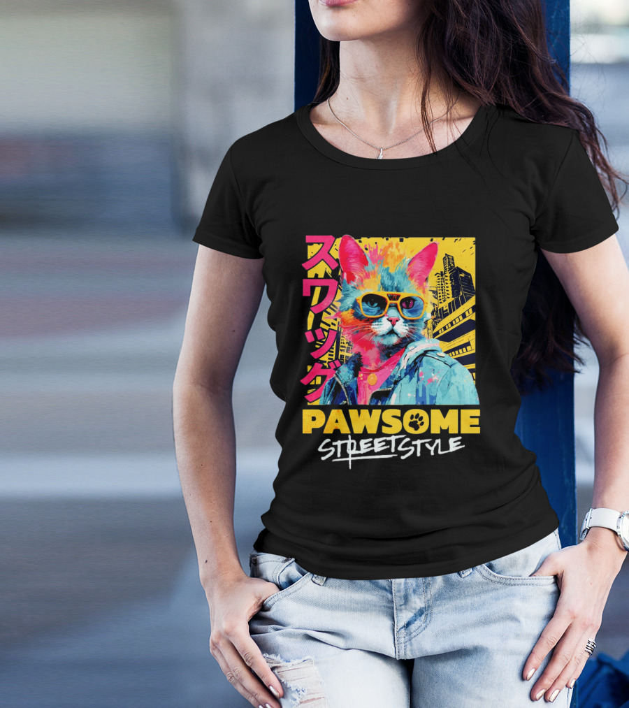 Pawsome Streetstyle Cat With Jacket And Sunglasses Urban Cityscape T-Shirt