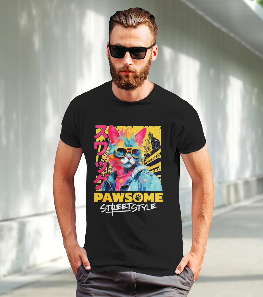 Pawsome Streetstyle Cat With Jacket And Sunglasses Urban Cityscape T-Shirt