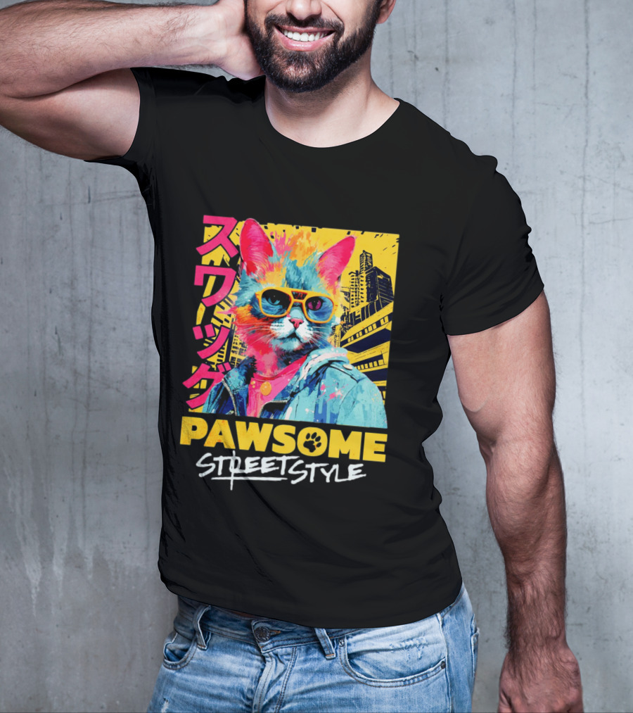 Pawsome Streetstyle Cat With Jacket And Sunglasses Urban Cityscape T-Shirt