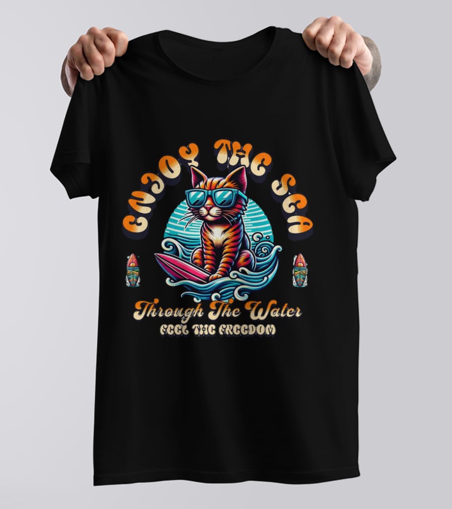 Enjoy The Sea Through The Water Feel The Freedom Retro Illustrative Surfing Cat T-Shirt