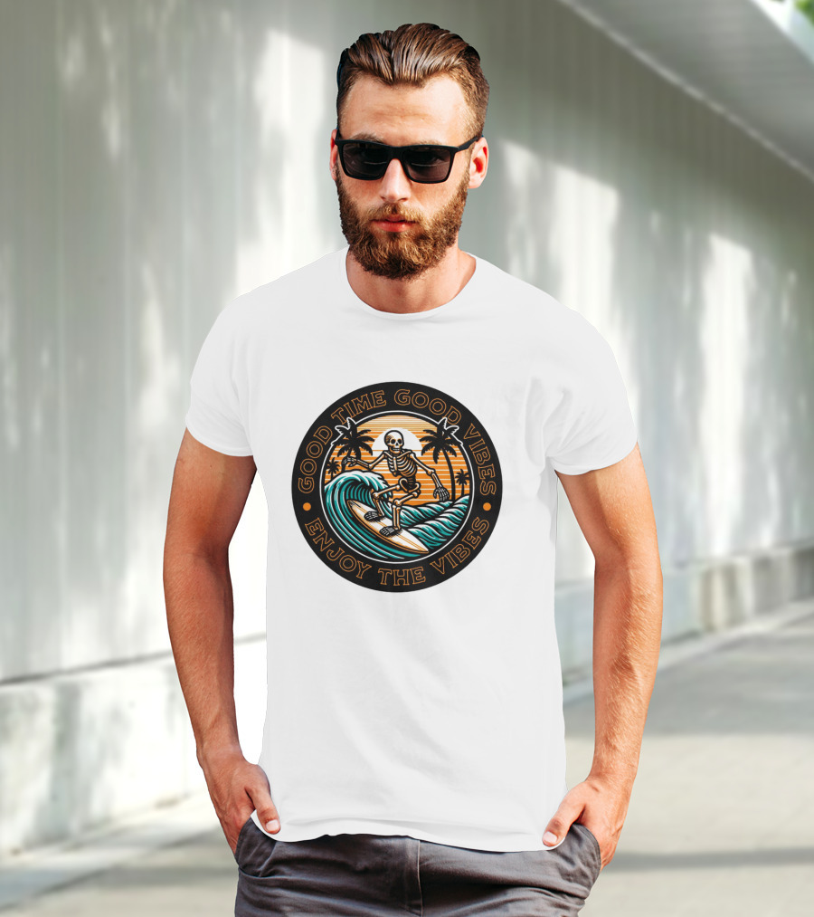 Good Time Good Vibes Enjoy The Vibes Surfer Skeleton Palm Trees Sunset Ocean Waves T-Shirt