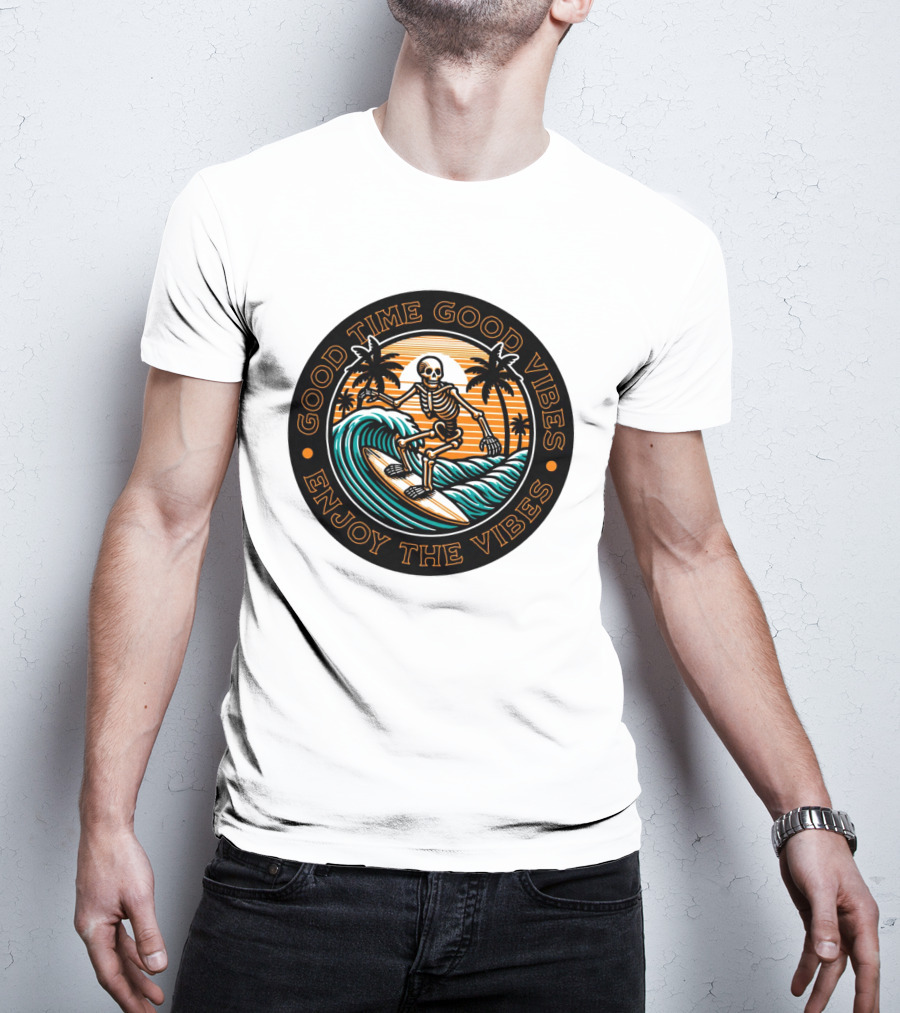 Good Time Good Vibes Enjoy The Vibes Surfer Skeleton Palm Trees Sunset Ocean Waves T-Shirt