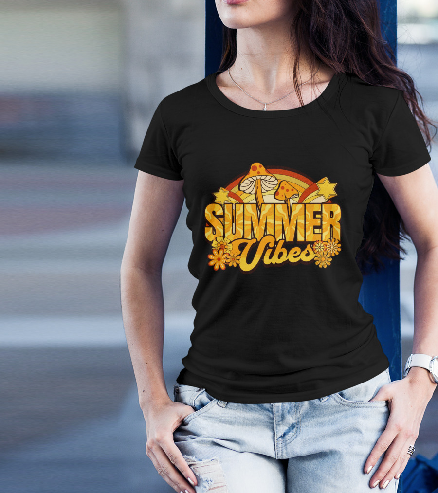 Summer Vibes Groovy Hippie Mushrooms And Flowers Retro Starburst T-Shirt