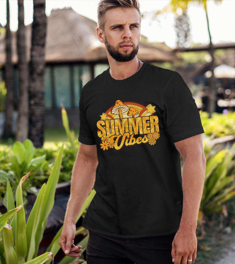 Summer Vibes Groovy Hippie Mushrooms And Flowers Retro Starburst T-Shirt