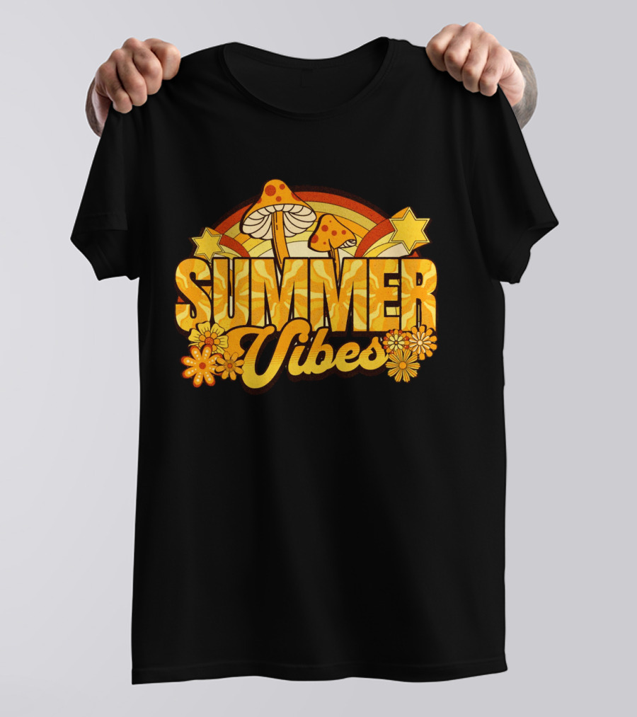 Summer Vibes Groovy Hippie Mushrooms And Flowers Retro Starburst T-Shirt