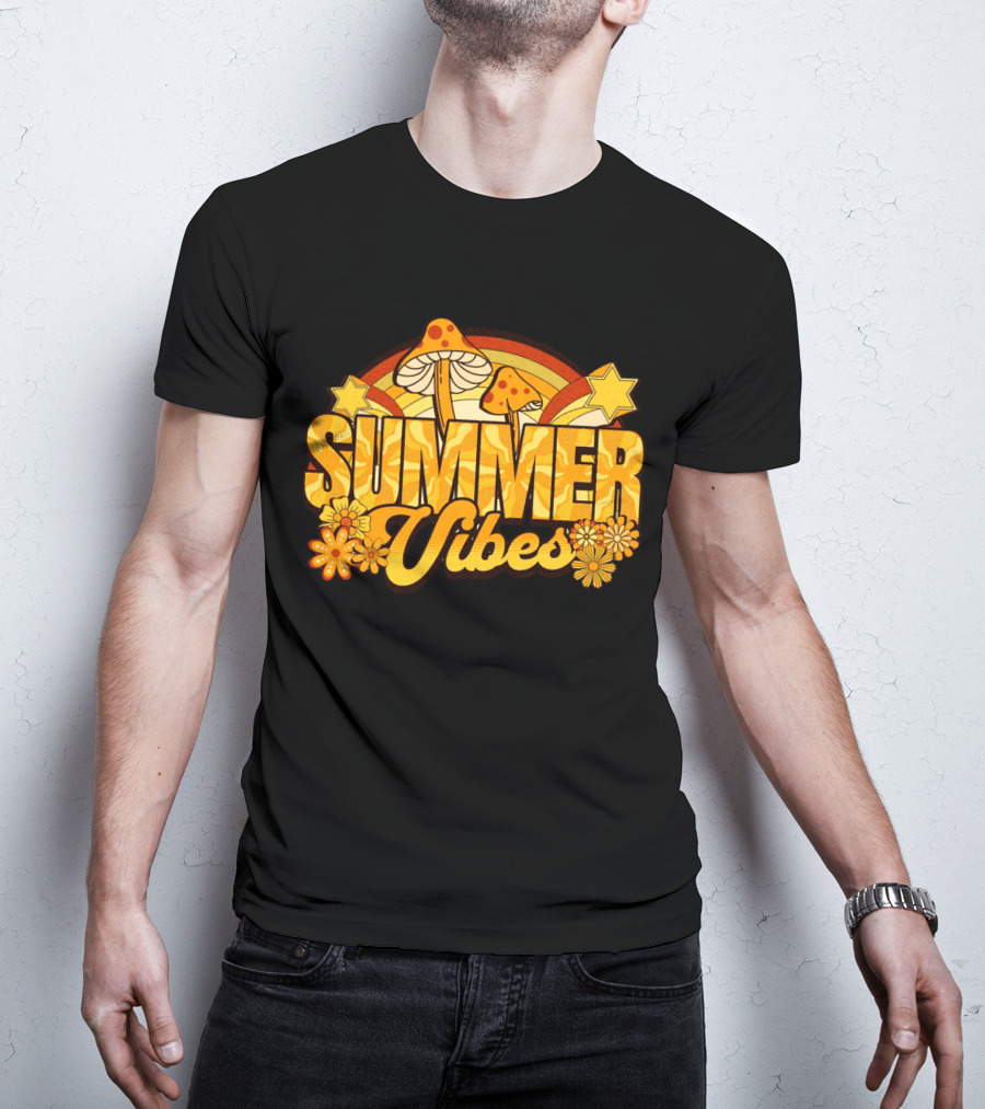 Summer Vibes Groovy Hippie Mushrooms And Flowers Retro Starburst T-Shirt