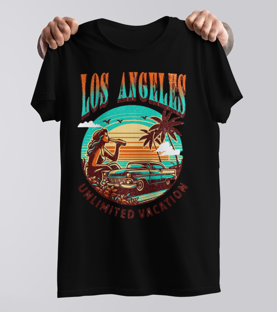 Los Angeles Unlimited Vacation Classic Car Palm Trees Sunset Vibes T-Shirt