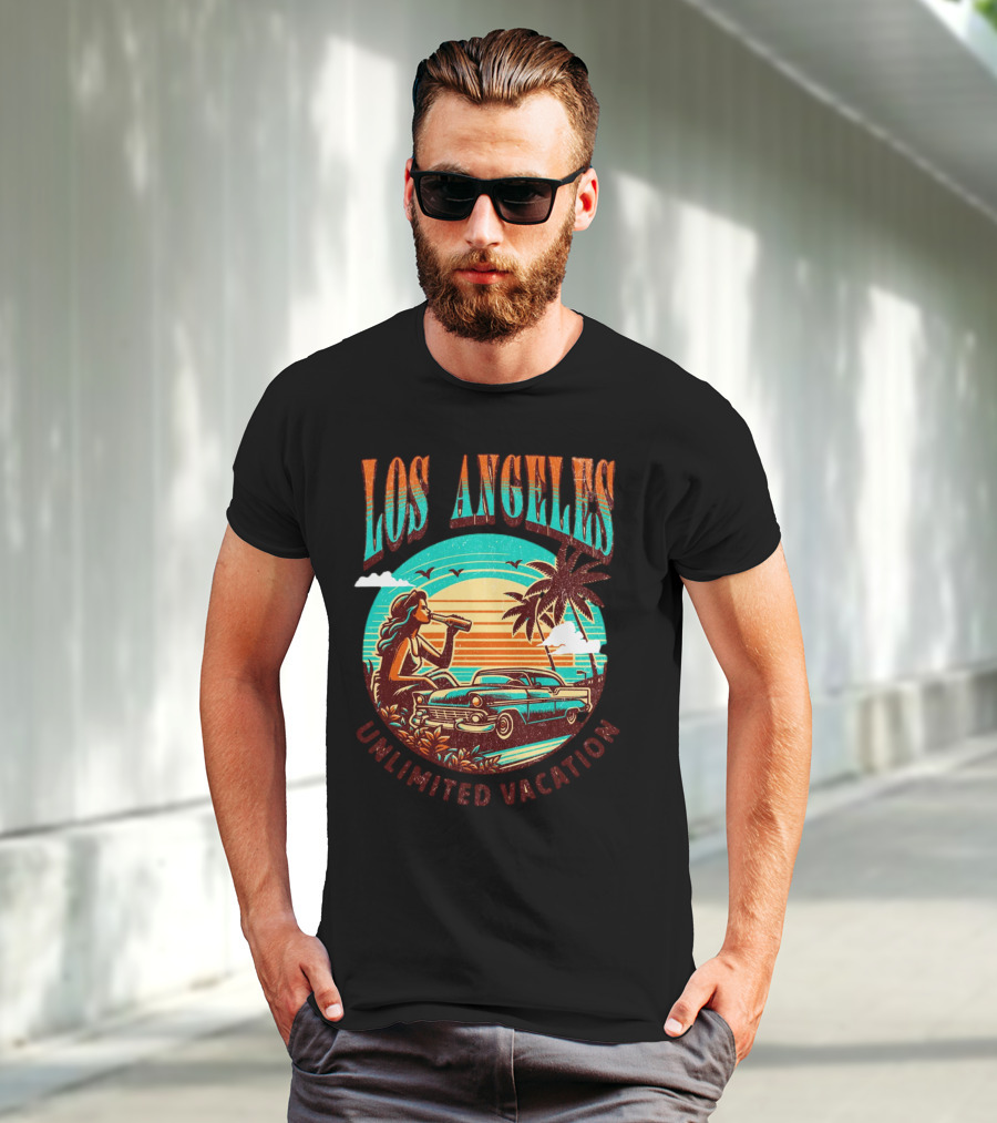 Los Angeles Unlimited Vacation Classic Car Palm Trees Sunset Vibes T-Shirt