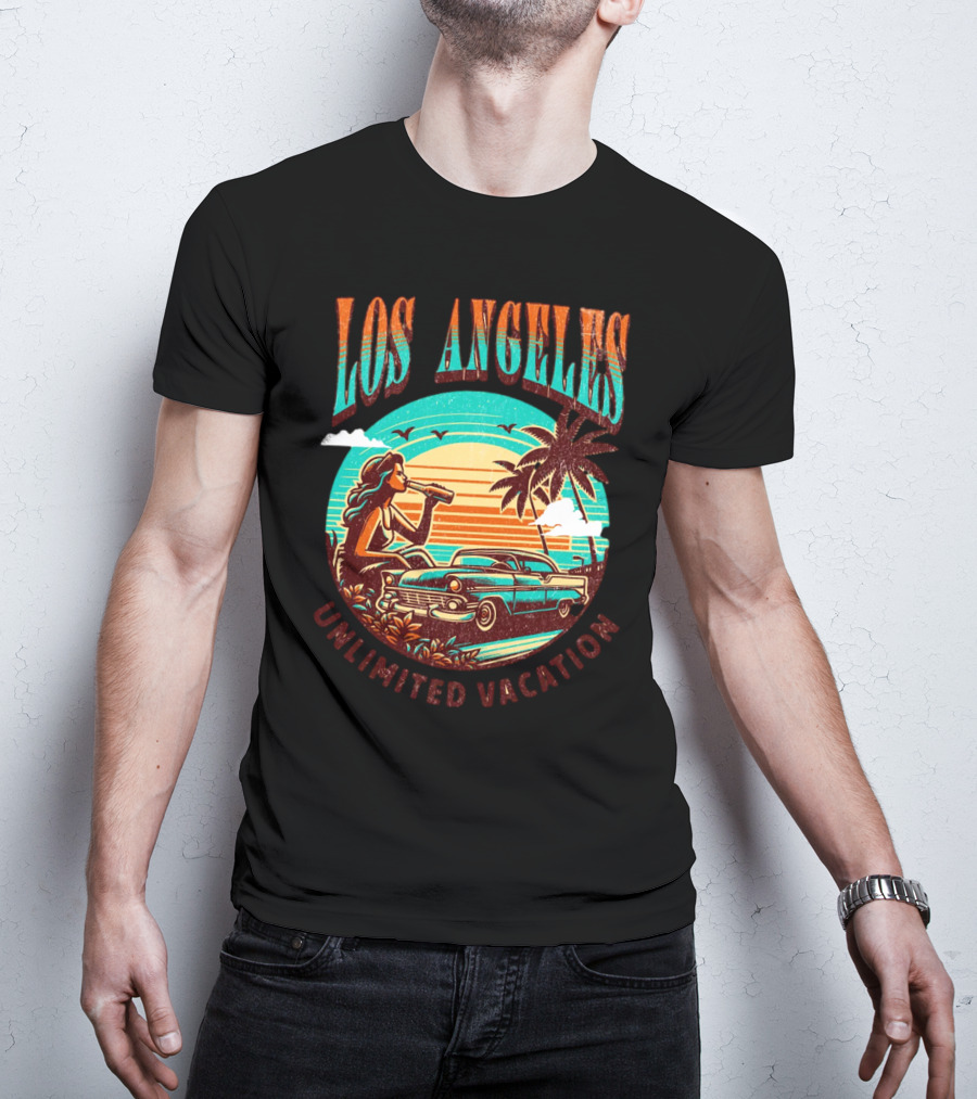 Los Angeles Unlimited Vacation Classic Car Palm Trees Sunset Vibes T-Shirt