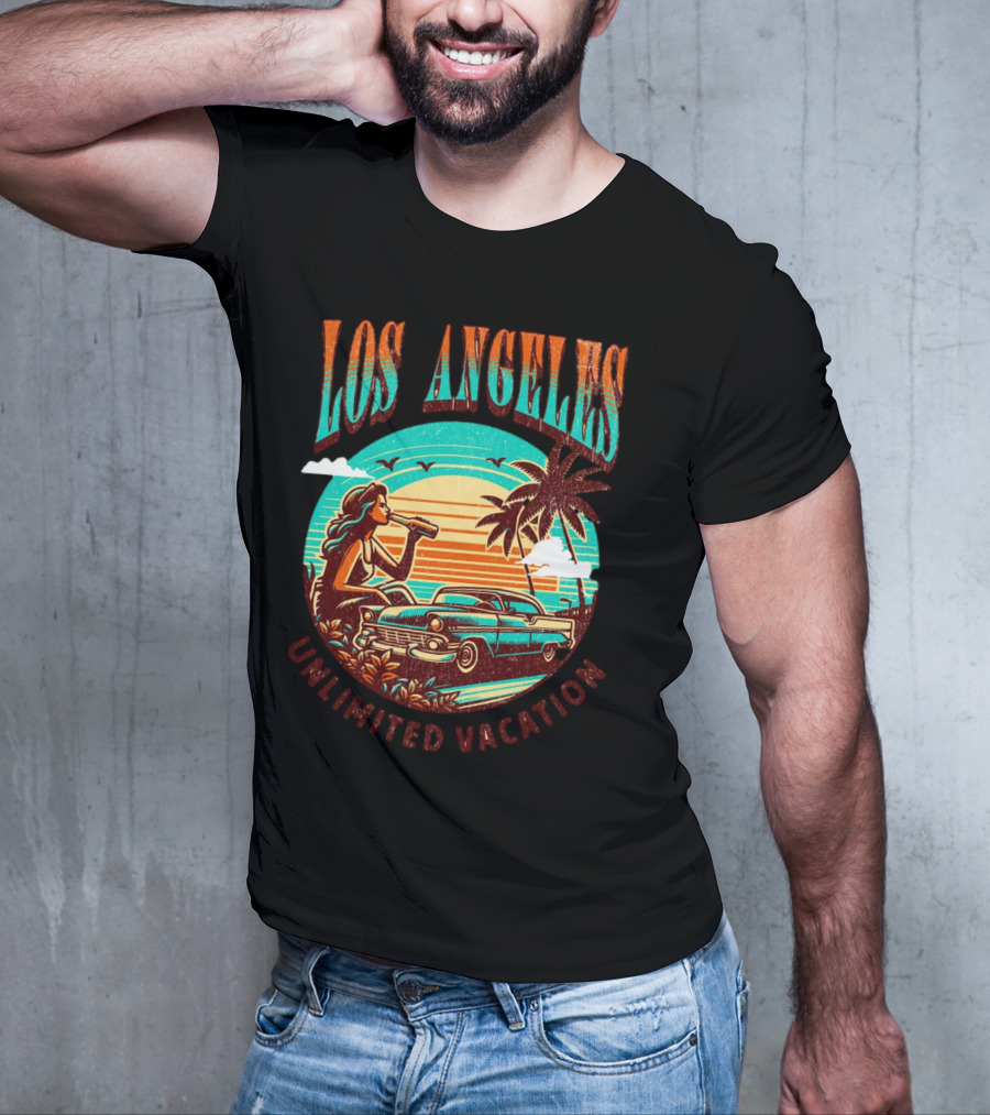 Los Angeles Unlimited Vacation Classic Car Palm Trees Sunset Vibes T-Shirt