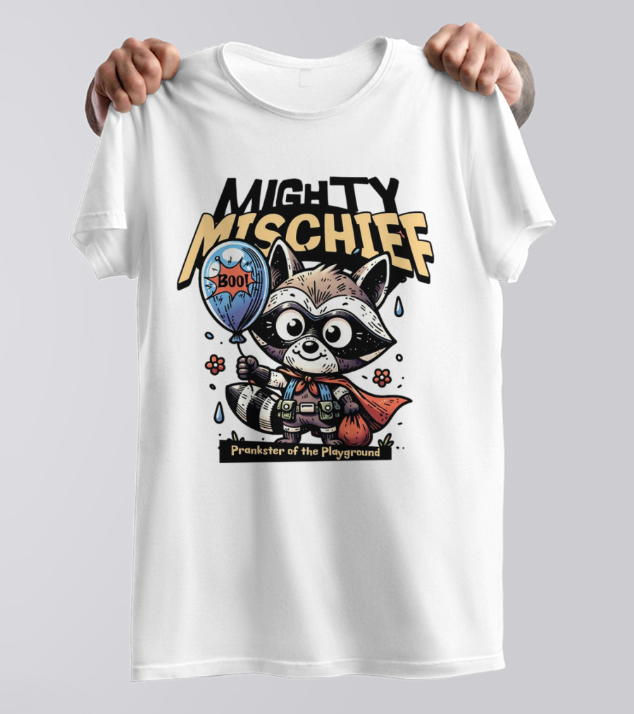 Mighty Mischief Raccoon With Boo Balloon Prankster Of The Playground T-Shirt