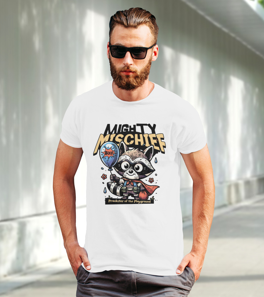 Mighty Mischief Raccoon With Boo Balloon Prankster Of The Playground T-Shirt