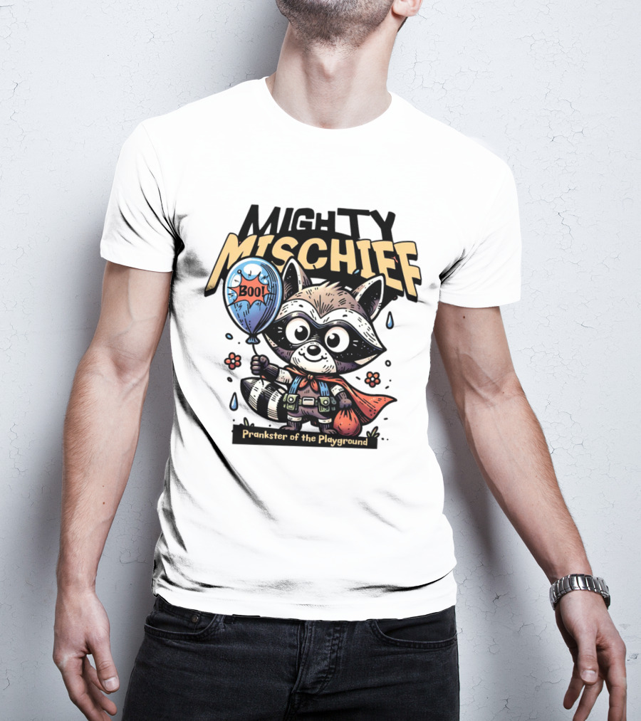 Mighty Mischief Raccoon With Boo Balloon Prankster Of The Playground T-Shirt