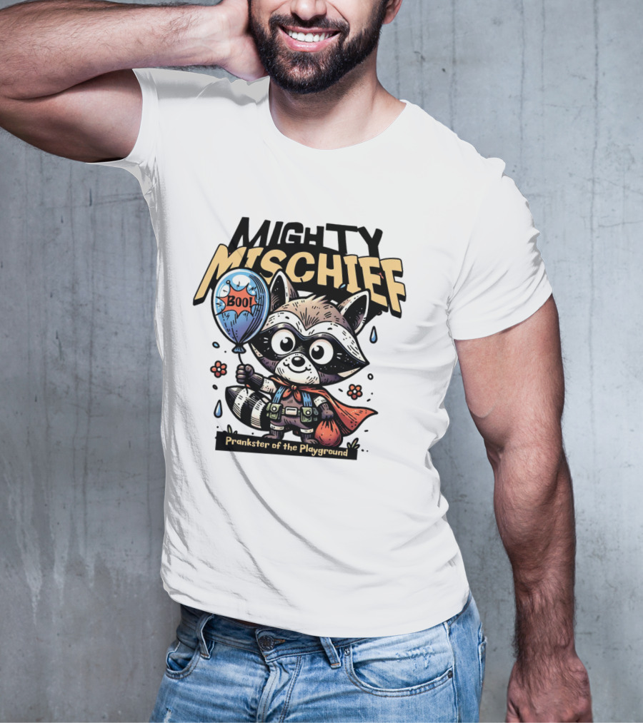 Mighty Mischief Raccoon With Boo Balloon Prankster Of The Playground T-Shirt