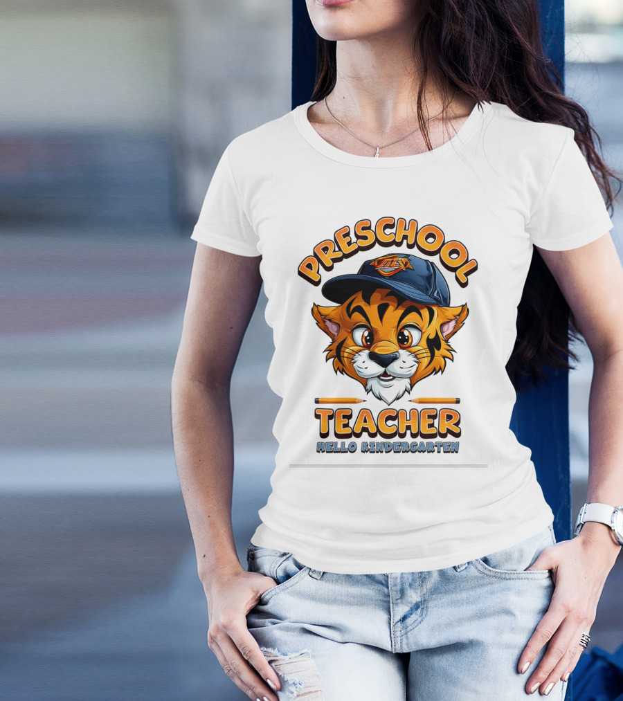 Preschool Teacher Tiger Mascot Hello Kindergarten Back To School T-Shirt