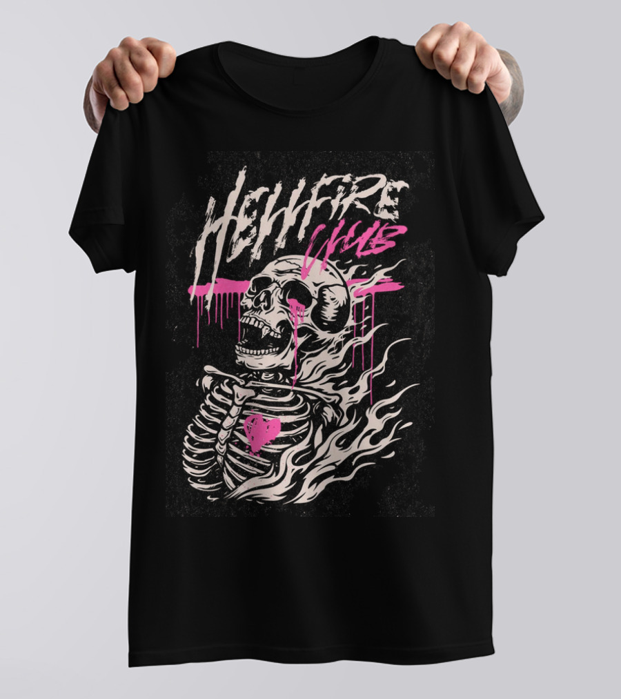 Hellfire Club Skeleton With Flames And Pink Heart Accents T-Shirt