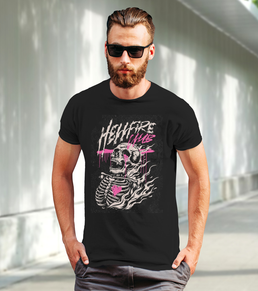 Hellfire Club Skeleton With Flames And Pink Heart Accents T-Shirt