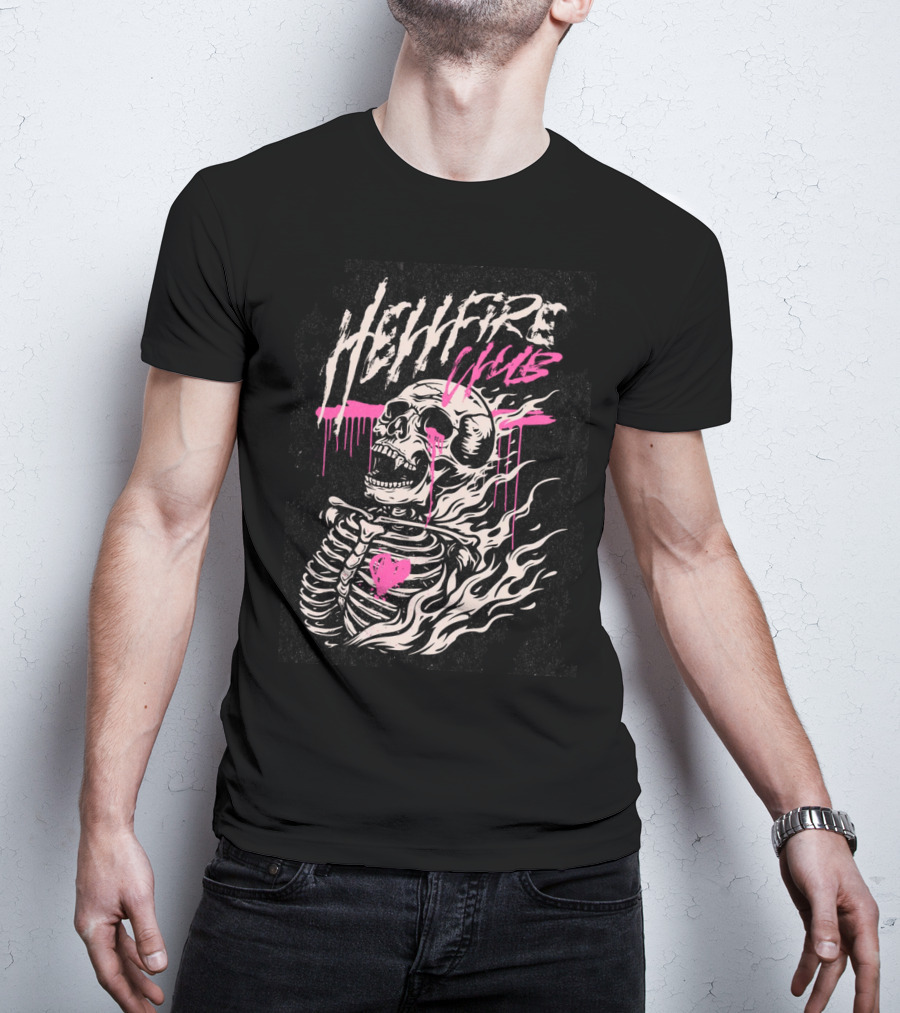Hellfire Club Skeleton With Flames And Pink Heart Accents T-Shirt