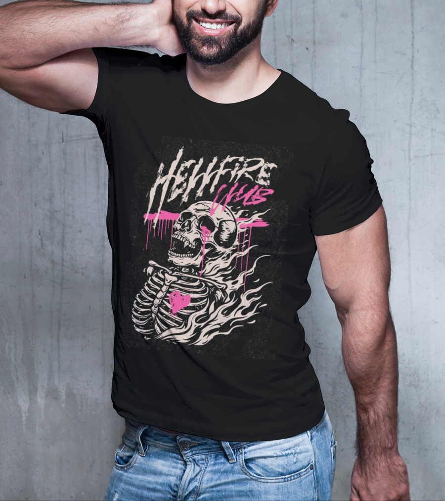 Hellfire Club Skeleton With Flames And Pink Heart Accents T-Shirt