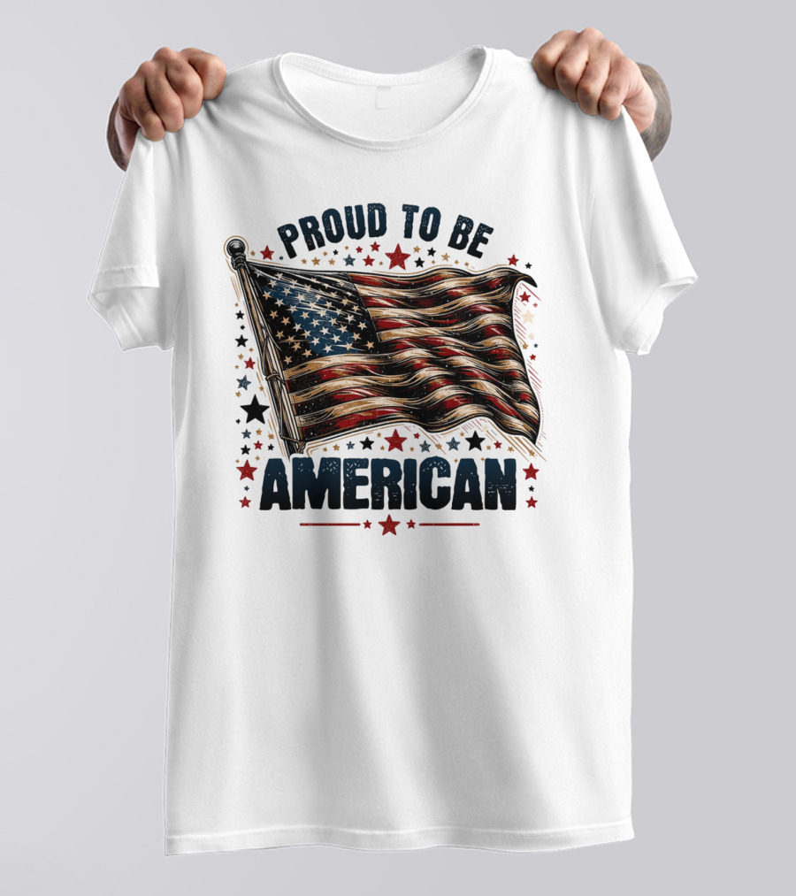 Proud To Be American Waving Stars And Stripes Surrounded By Red And Black Stars T-Shirt