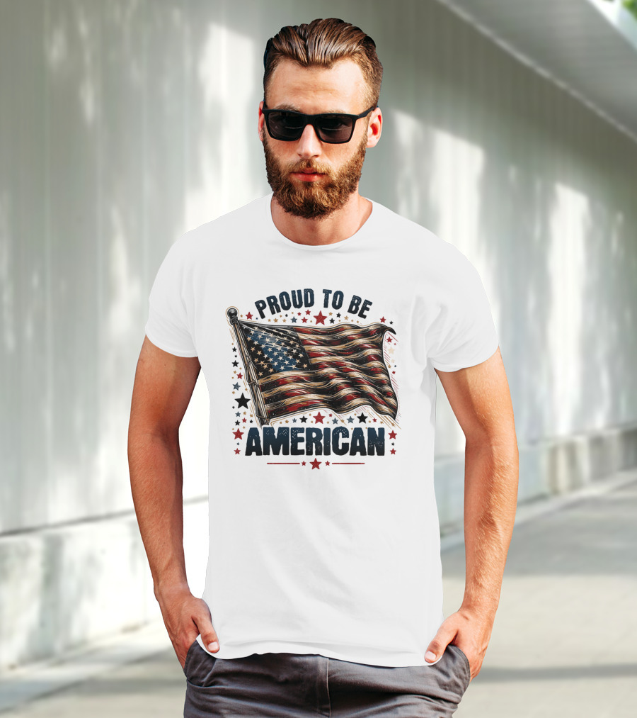 Proud To Be American Waving Stars And Stripes Surrounded By Red And Black Stars T-Shirt