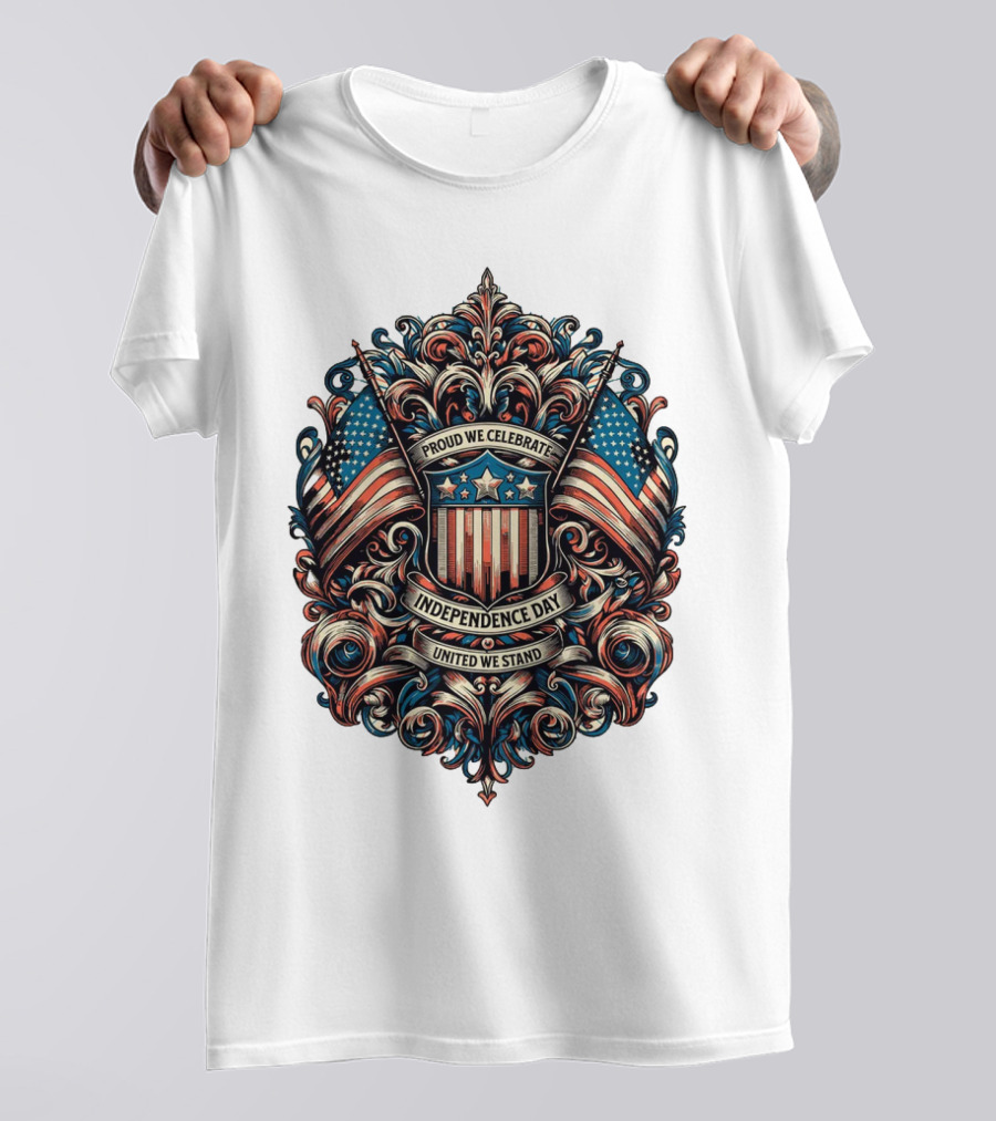 Proud We Celebrate Independence Day United We Stand American Flag Shield Ornamental T-Shirt